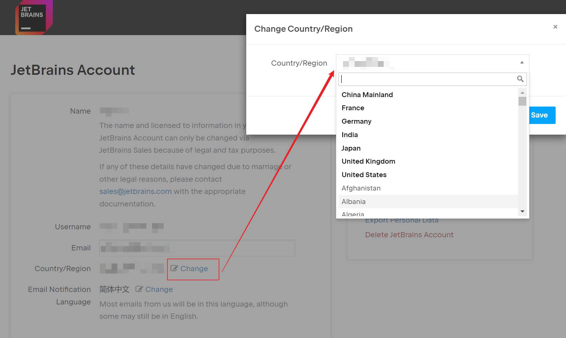 JetBrains Account 所在区域修改
