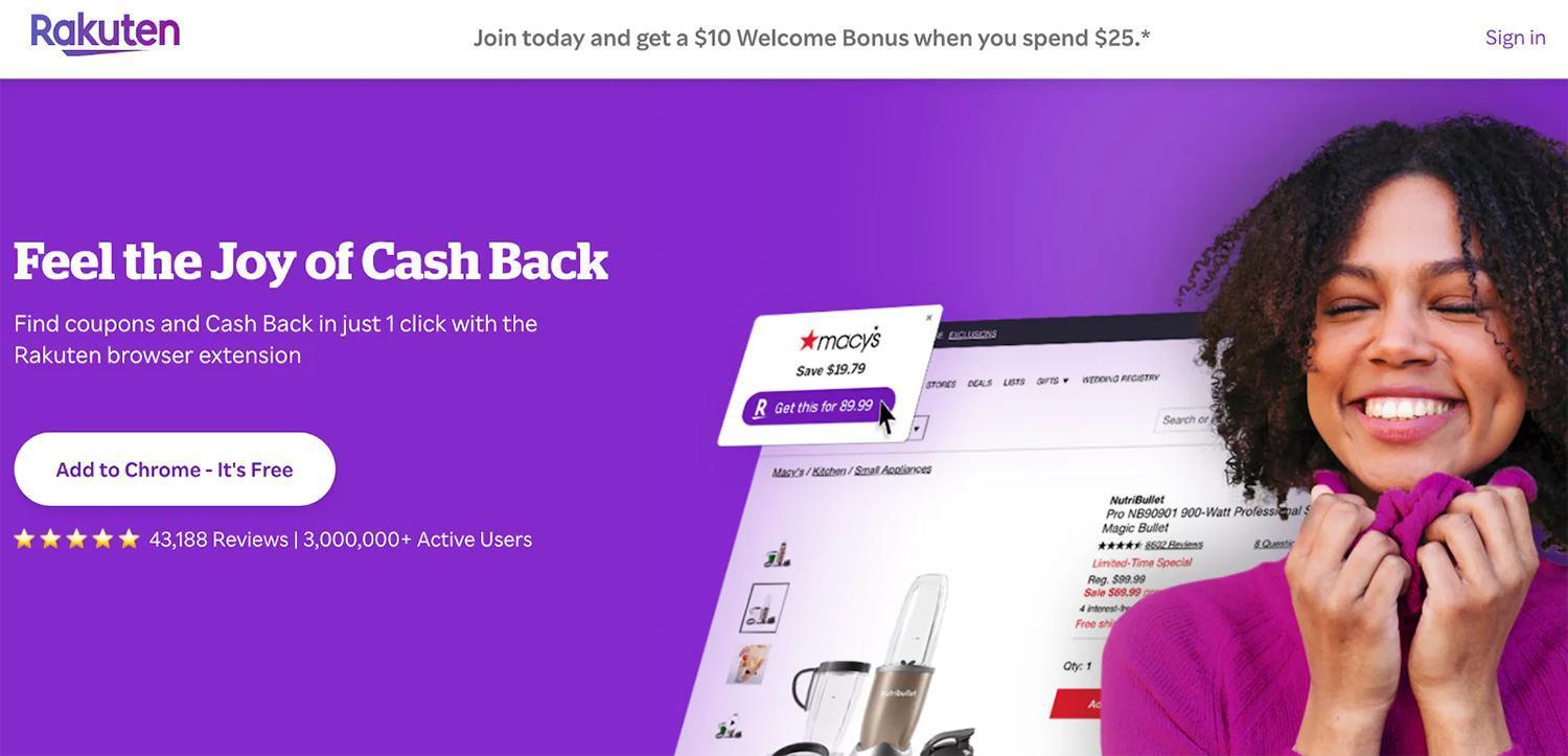 一个神情愉悦的人站在展示厨房搅拌机的网页旁，背景为紫色。