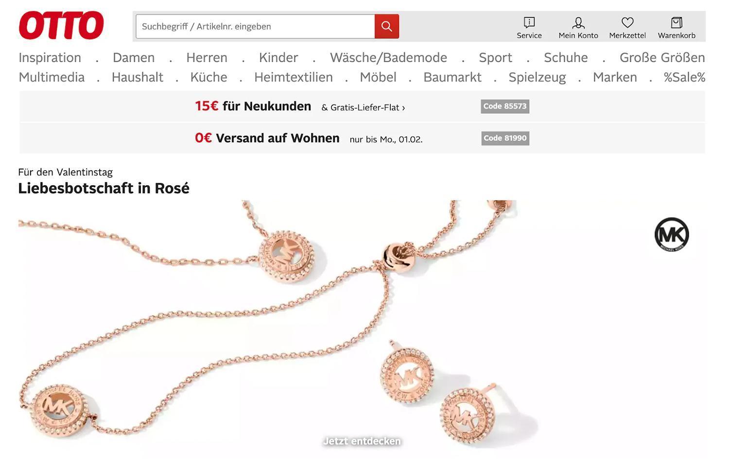 Otto主页，玫瑰金吊坠上刻有字母。