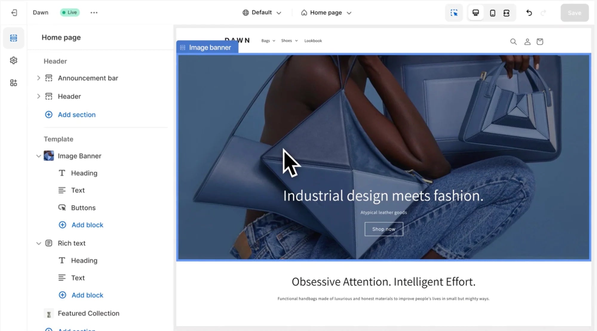 通过Shopify商店构建器，编辑Shopify的Dawn模板。