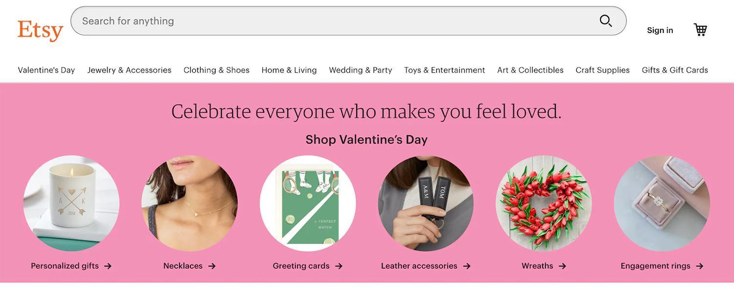 Etsy的粉色产品轮播图，展示项链、蜡烛、戒指、钥匙扣和贺卡的图片。