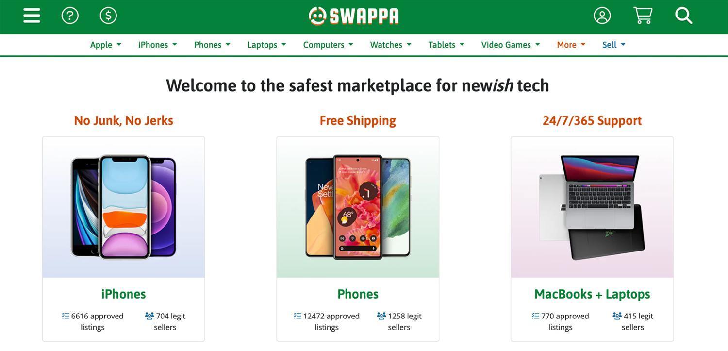 Swappa的三张产品卡片，分别展示iPhone、智能手机和笔记本电脑的图片。