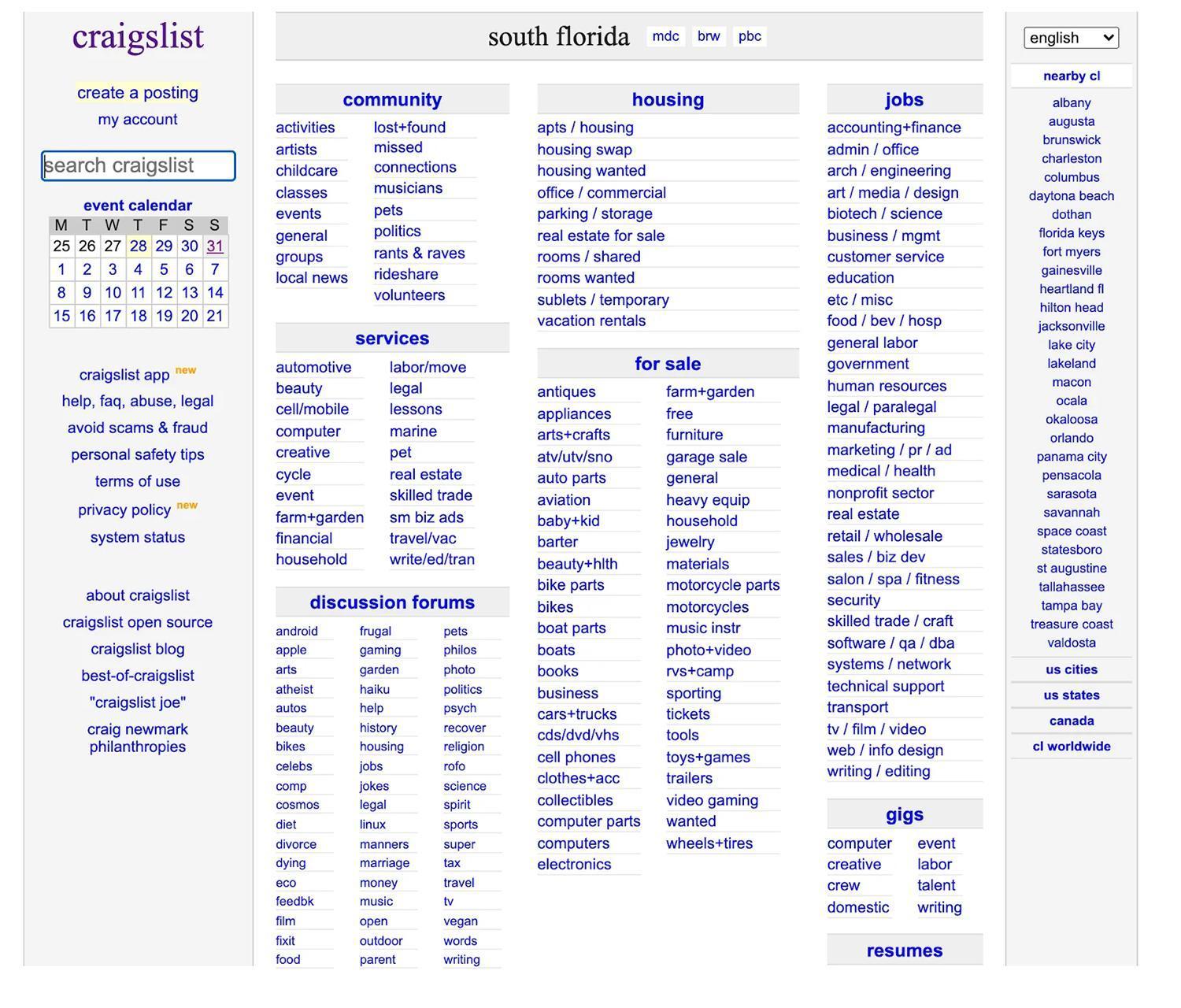 Craigslist的蓝色超链接文本列表，配以灰色标题和灰色侧边栏。