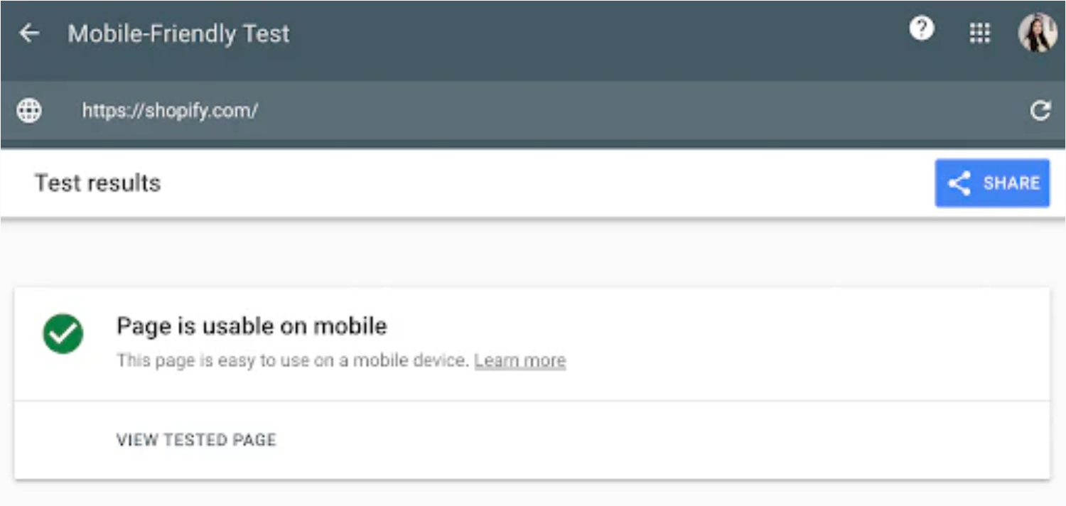 谷歌的Mobile-Friendly Test显示，Shopify网站与移动端适配