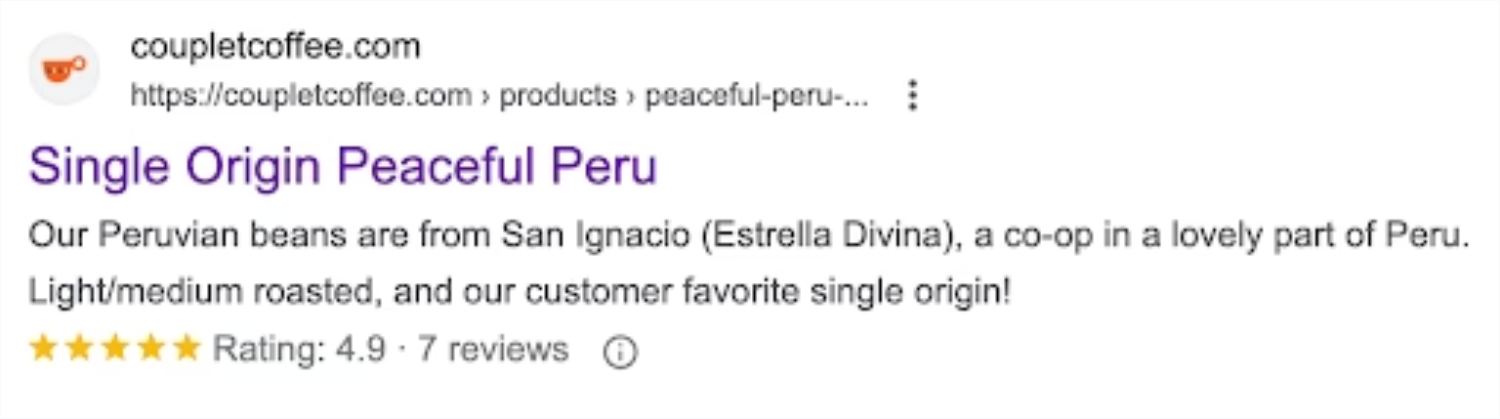 Couplet Coffee在谷歌搜索结果页面展示了其产品评分和客户评价