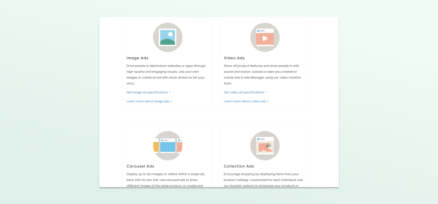 Facebook广告规格界面显示不同广告类型的链接
