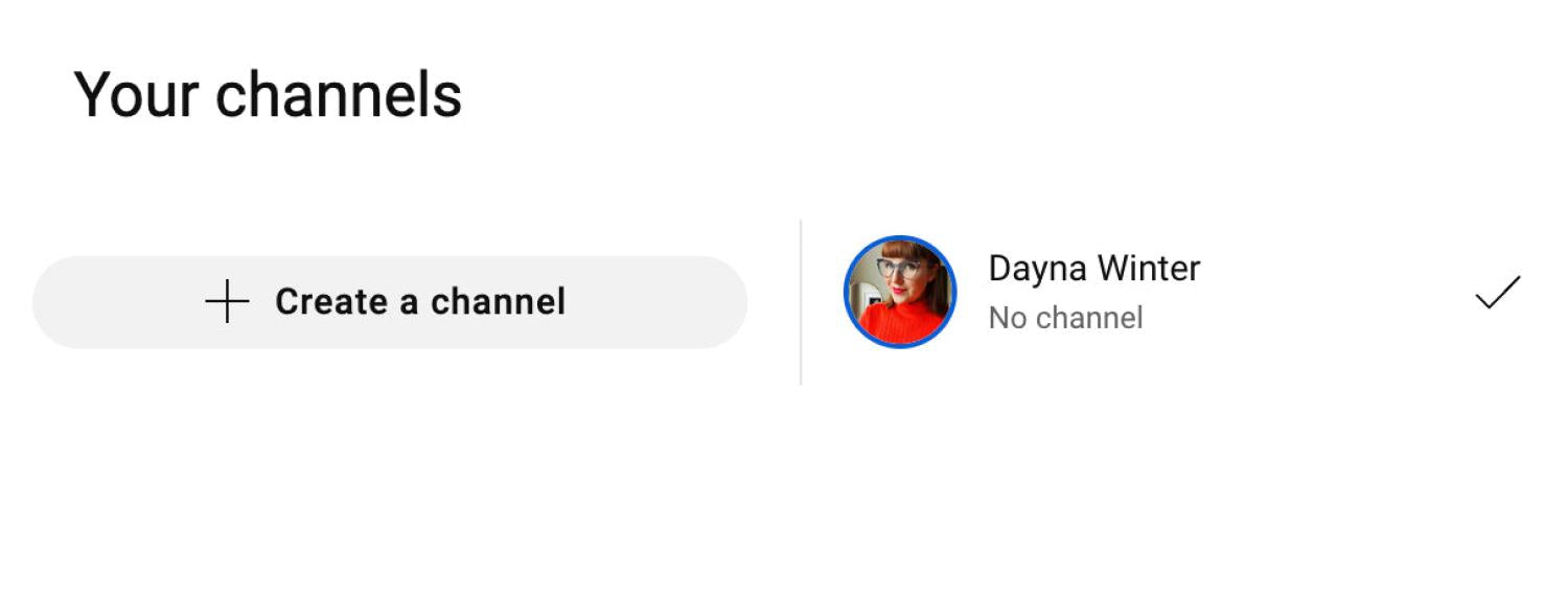 YouTube频道创建流程的屏幕截图，显示创建频道选项 接着，选择频道名称并点击创建。