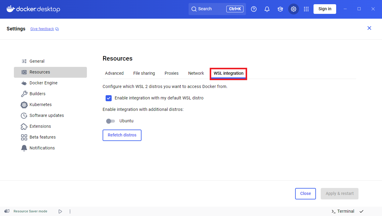 图 3:Docker Desktop WSL 集成设置(选择分发版)