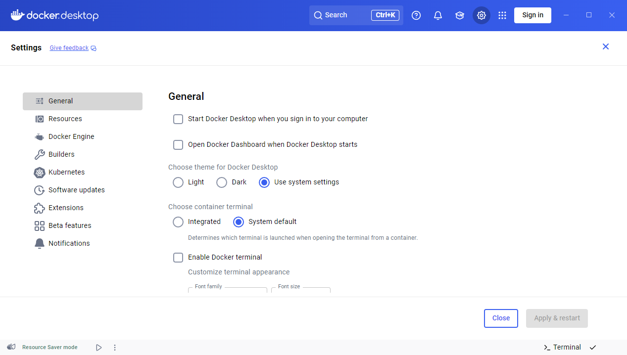 图 2:Docker Desktop 常规设置(启用 WSL 2 引擎)