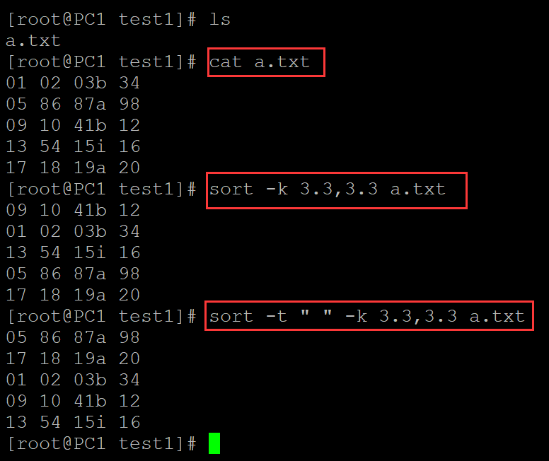 linux 中 sort -k选项