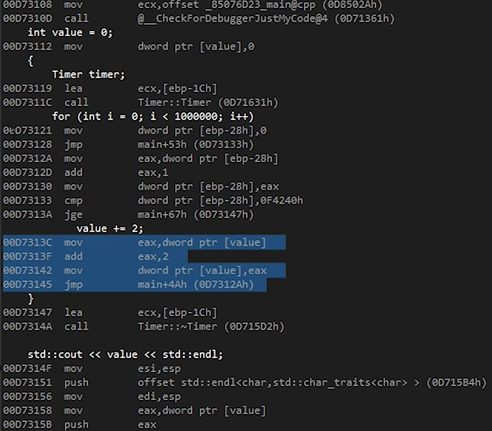 debug模式下的汇编结果