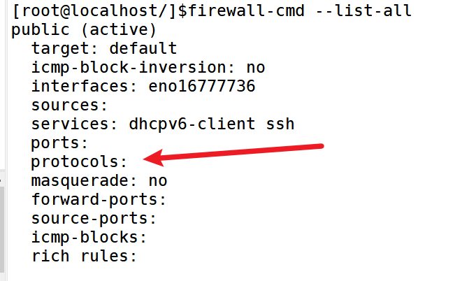 使用 firewall-cmd --list-all 命令查看防火墙策略信息显示不全，缺少protocols选项