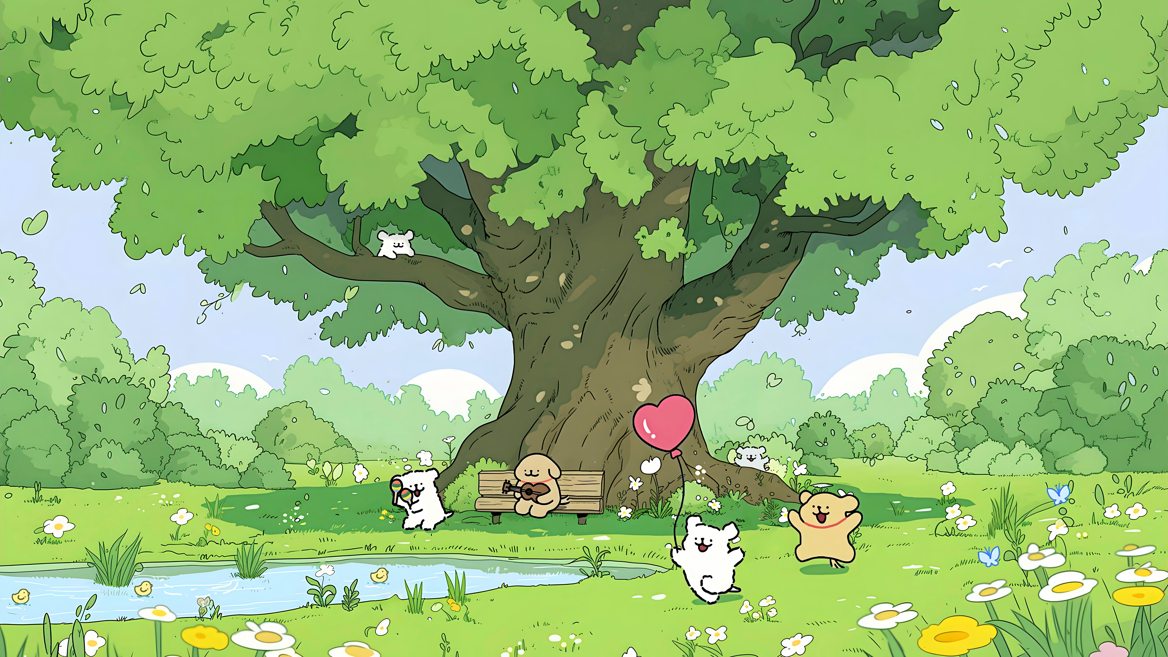 树荫 治愈系 线条小狗 草地 池塘 4k壁纸 3840x2160_彼岸图网