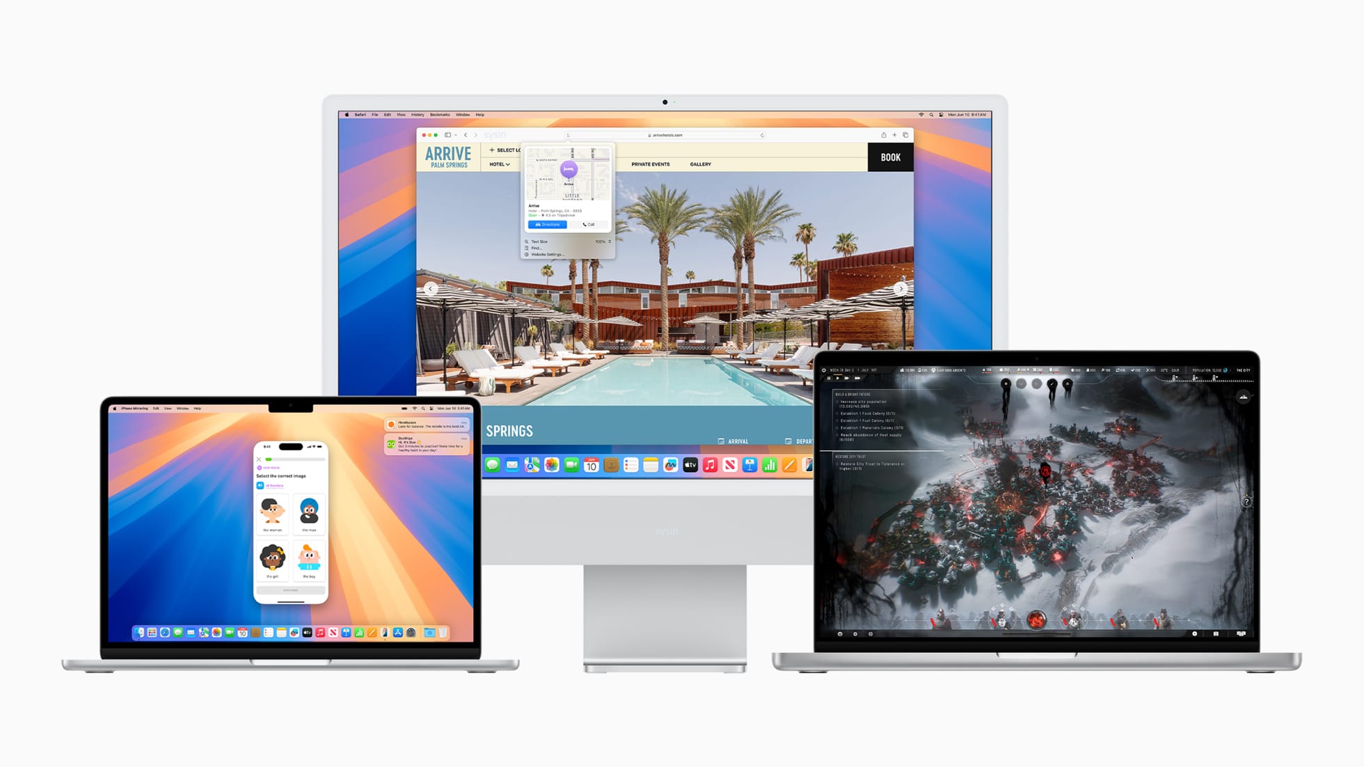MacBook Pro 展示 iPhone 映象、Mac 展示 Safari 瀏覽器中的 Highlights、以及另一臺 MacBook Pro 展示沉浸式遊戲體驗。