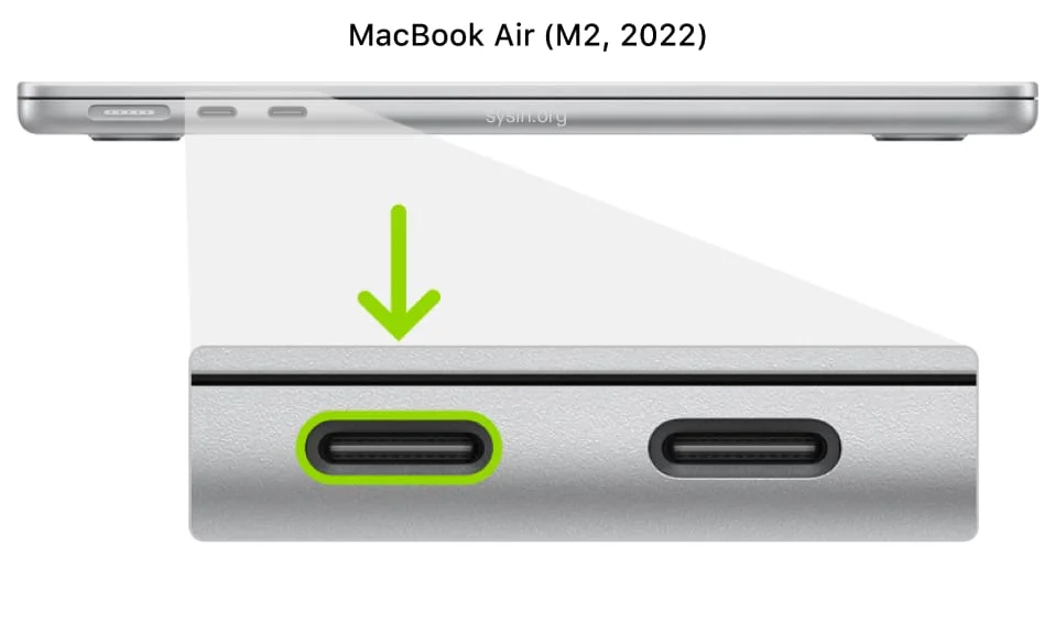 The left side of the MacBook Air (M2, 2022), showing two Thunderbolt 3 (USB-C) ports toward the back, with the leftmost one highlighted.