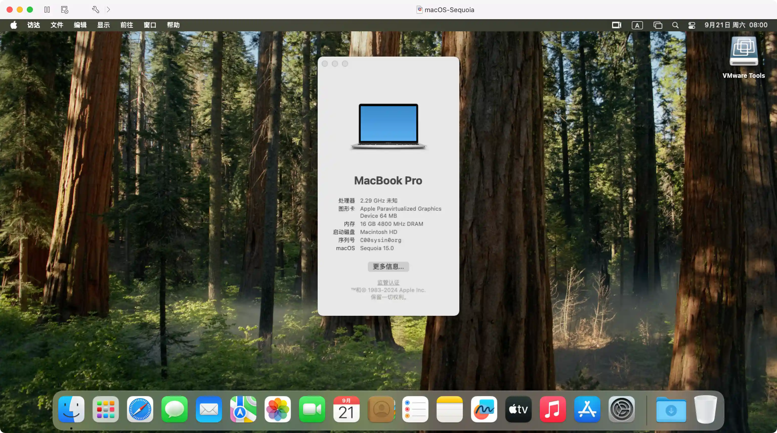 macOS Sequoia 运行在 VMware Fusion 中并启用了 Metal GPU 加速
