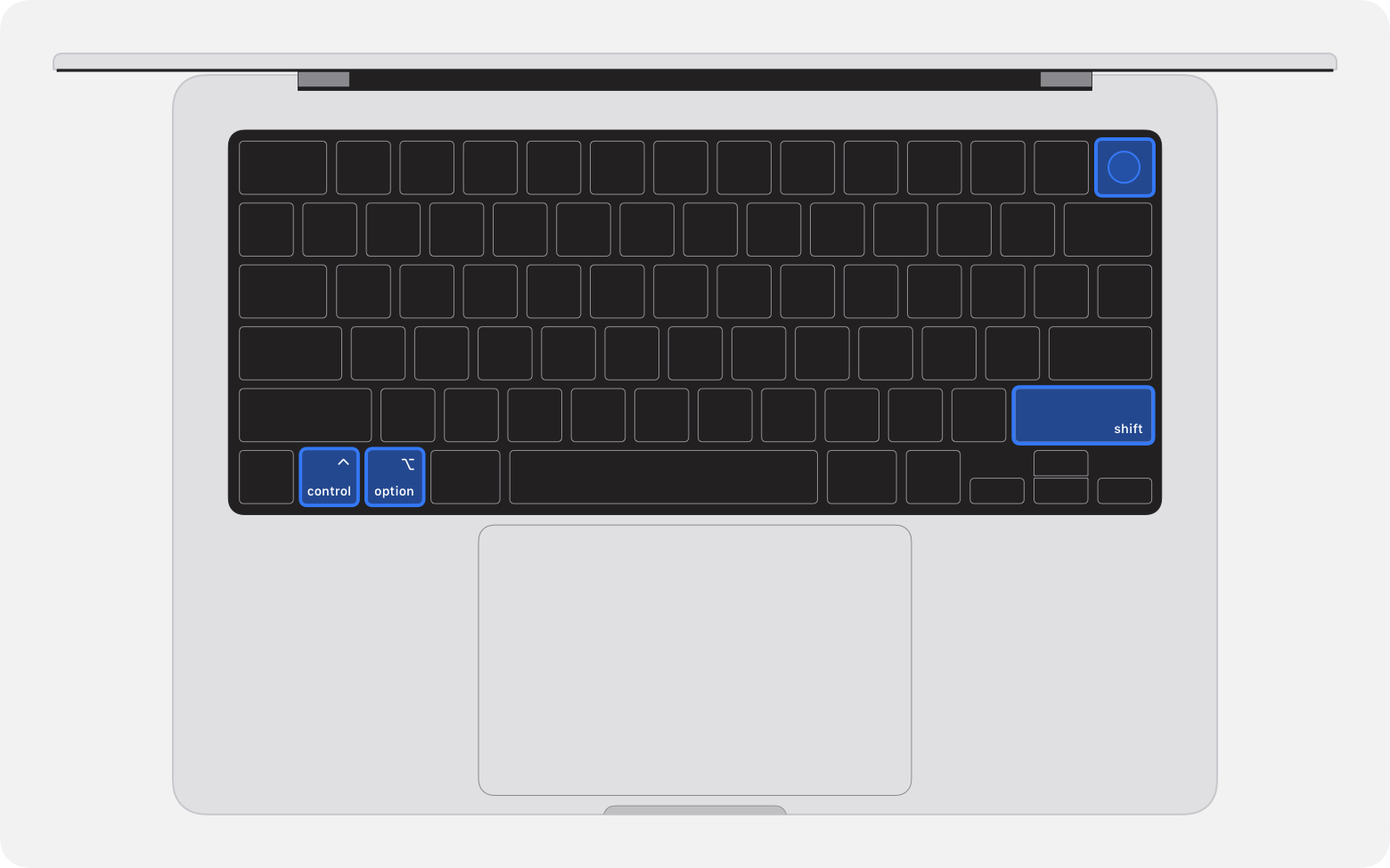 MacBook Pro 鍵盤，顯示了要按的四個按鍵