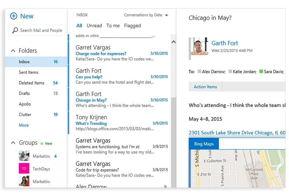 Outlook 收件箱，其中显示了电子邮件中的必应地图