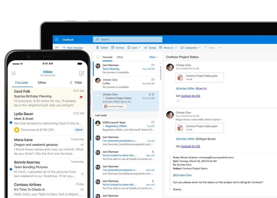 两个设备屏幕，每个屏幕上都显示 Outlook Exchange 电子邮件收件箱