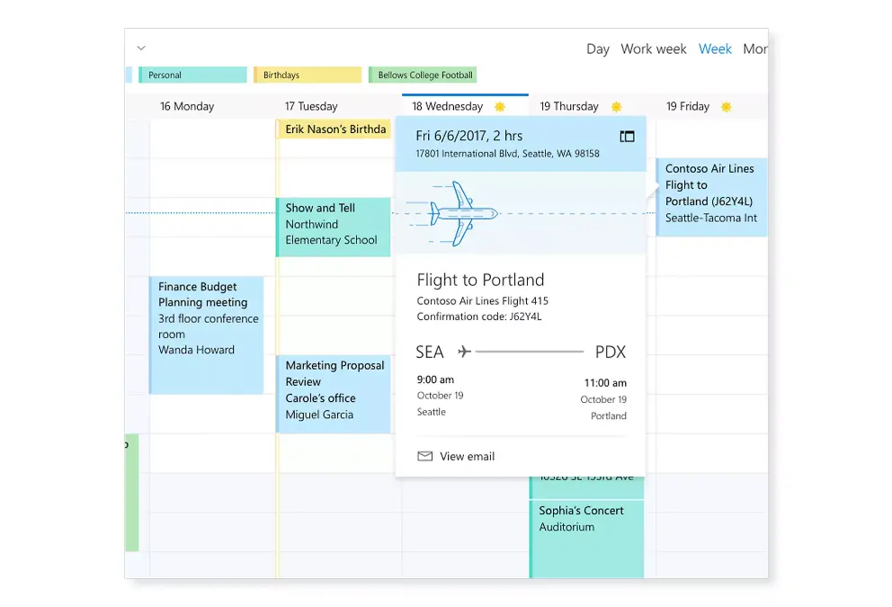 Outlook 日历，其中显示了日历事件的预览