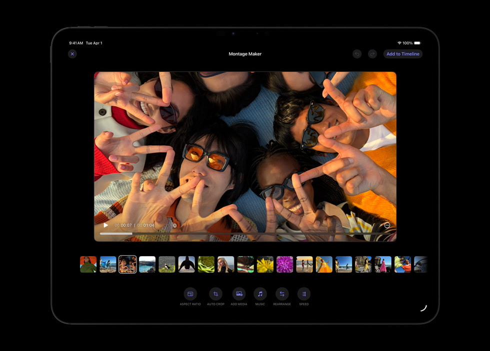 iPad Pro 上显示着 Final Cut Pro 中的蒙太奇制作器。