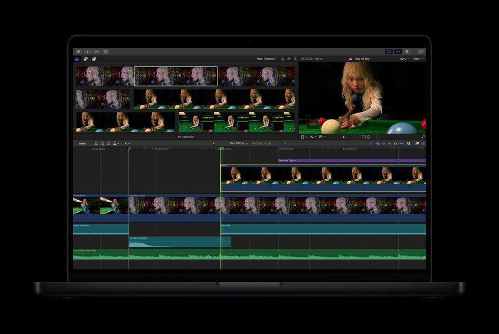 一台深空黑色 MacBook Pro 上显示着 Final Cut Pro 的节拍检测功能。