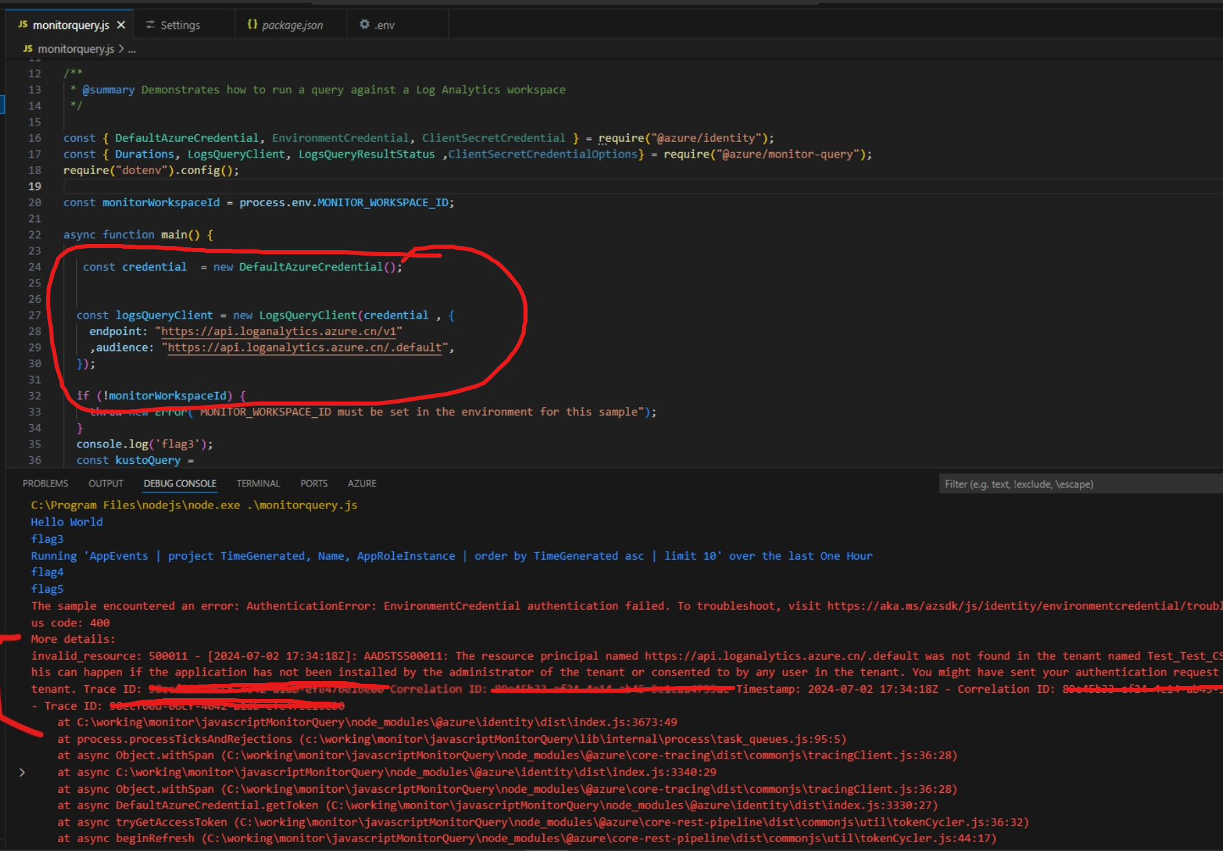 【Azure Developer】使用JavaScript通过SDK进行monitor-query的client认证报错问题