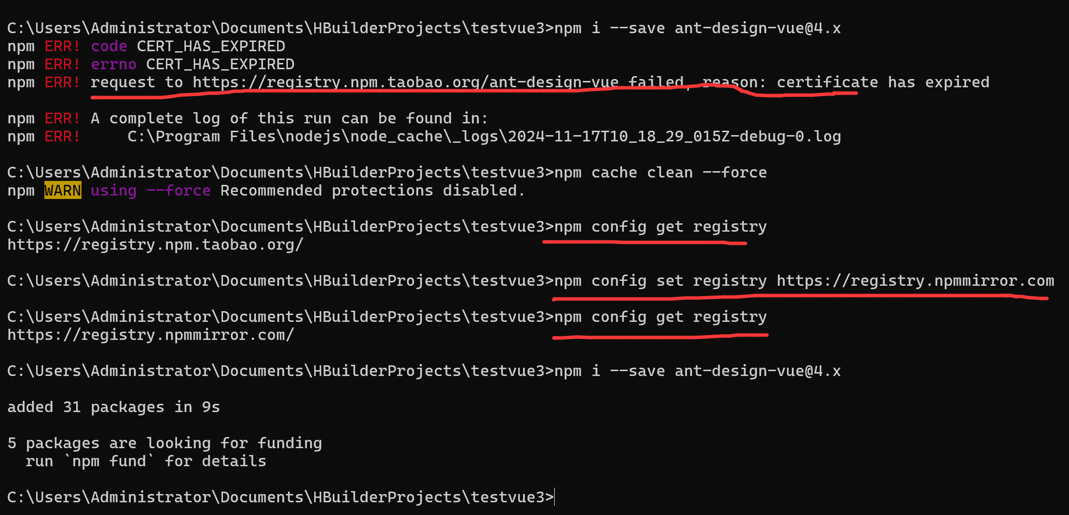 request to https://registry.npm.taobao.org/ant-design-vue     failed, reason: certificate has expire