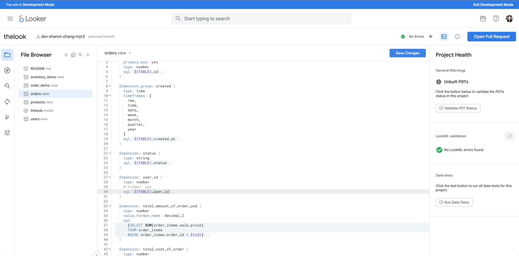 Looker中的LookML代码编辑界面