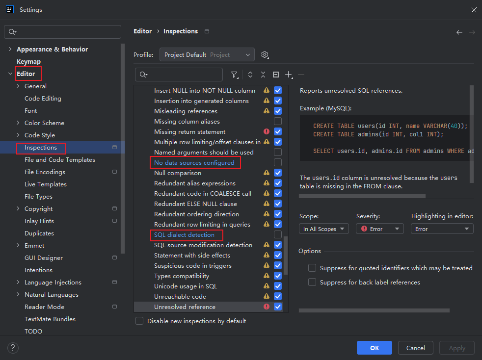 IDEA -去除 mapper.xml 中的 SQL 语句黄色下划线