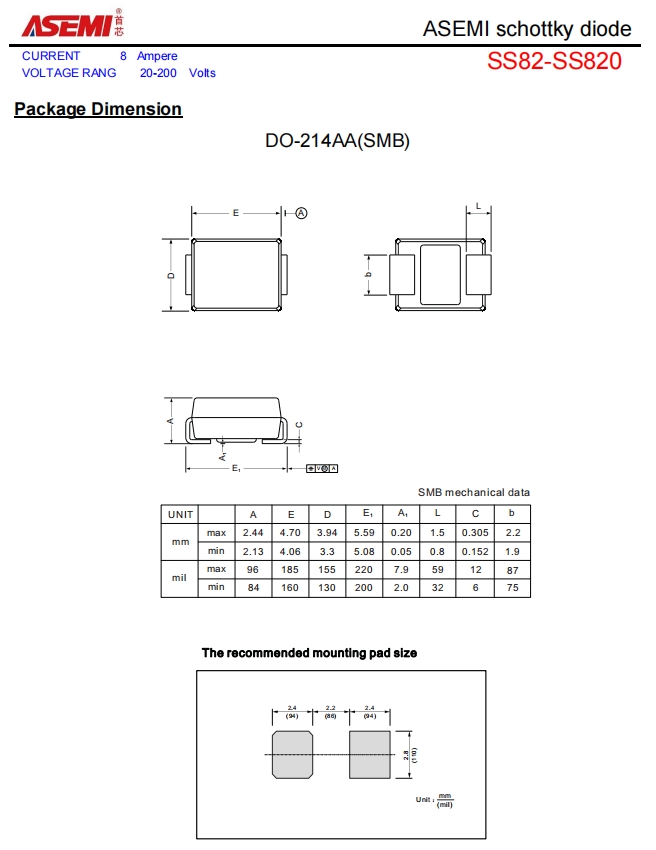 SS820-ASEMI高耐压肖特基二极管SS820