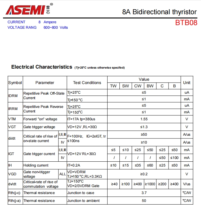 BTB08-ASEMI电气加热设备专用BTB08