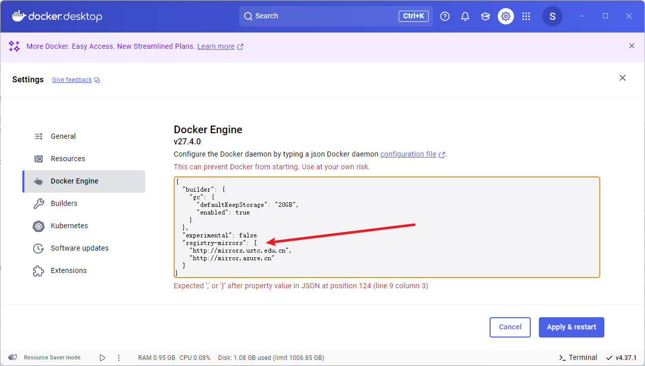 【docker】docker desktop换国内源时 apply按钮为灰色or换源失败 解决方法