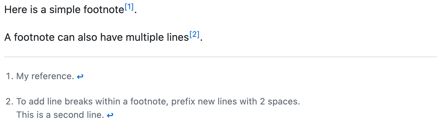 呈現的 Markdown 的螢幕截圖，其中顯示了用於指示腳註的上標數字，以及筆記中的可選換行符。