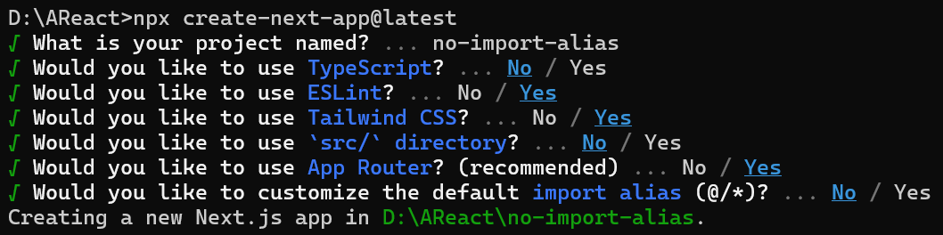 新建next.js项目，customize the default import alias是否要自定义默认导入别名（@/*）的选项区别