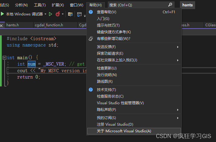 获取Visual Studio所用MSVC编译器版本：_MSC_VER数值