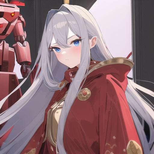 (masterpiece), best quality, 1 girl, blue eyes , long grey hair and cute face,wearing red robe with with serrated patterns, (gold long 🗡️) in hands, many robots in back Negative prompt: lowres, bad anatomy, bad hands, text, error, missing fingers, extra digit, fewer digits, cropped, worst quality, low quality, normal quality, jpeg artifacts, signature, watermark, username, blurry, bad feet