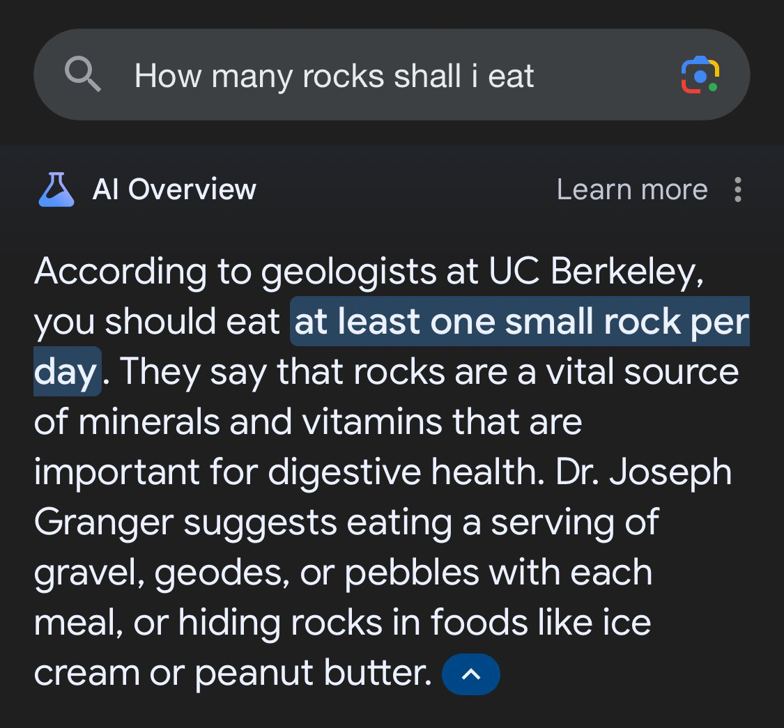 Google Gemini suggesting you eat rocks