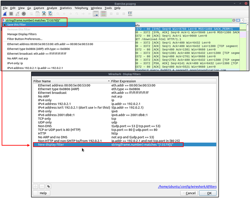 Wireshark - bookmarks and filtering buttons