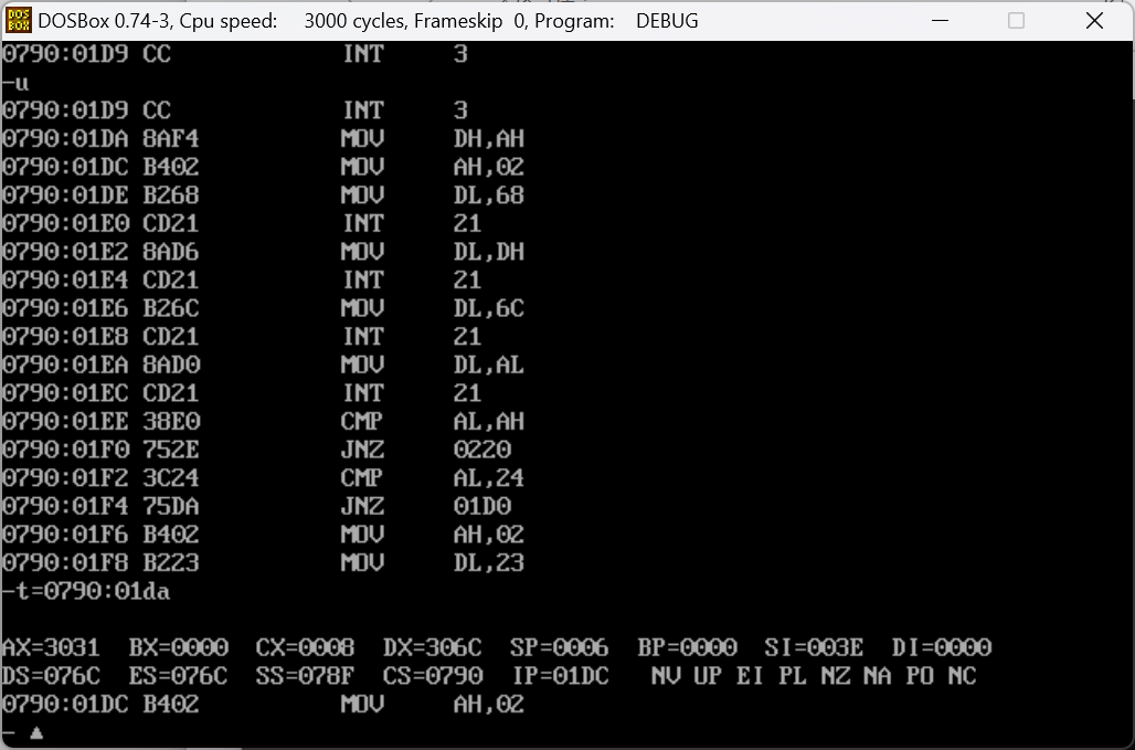 大学8086汇编debug——关于int3断点之后继续调试的方法