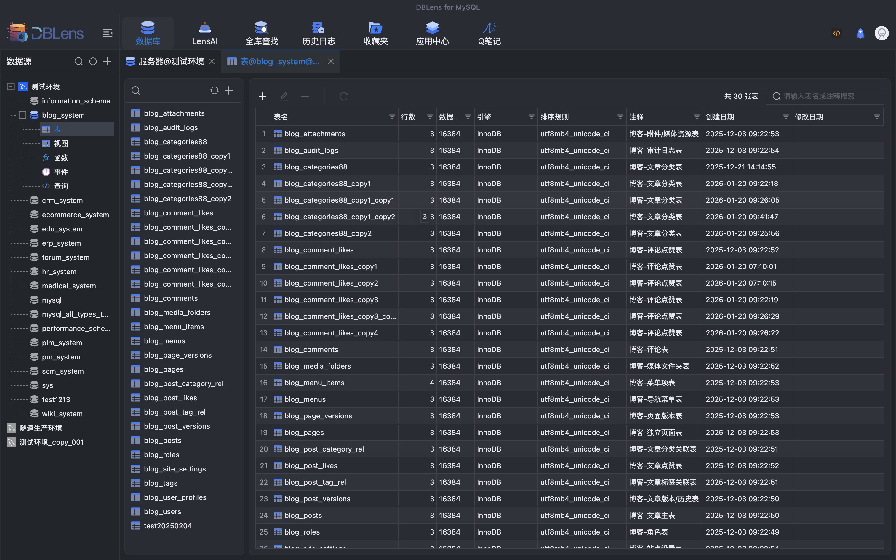 dblens for mysql表列表页面