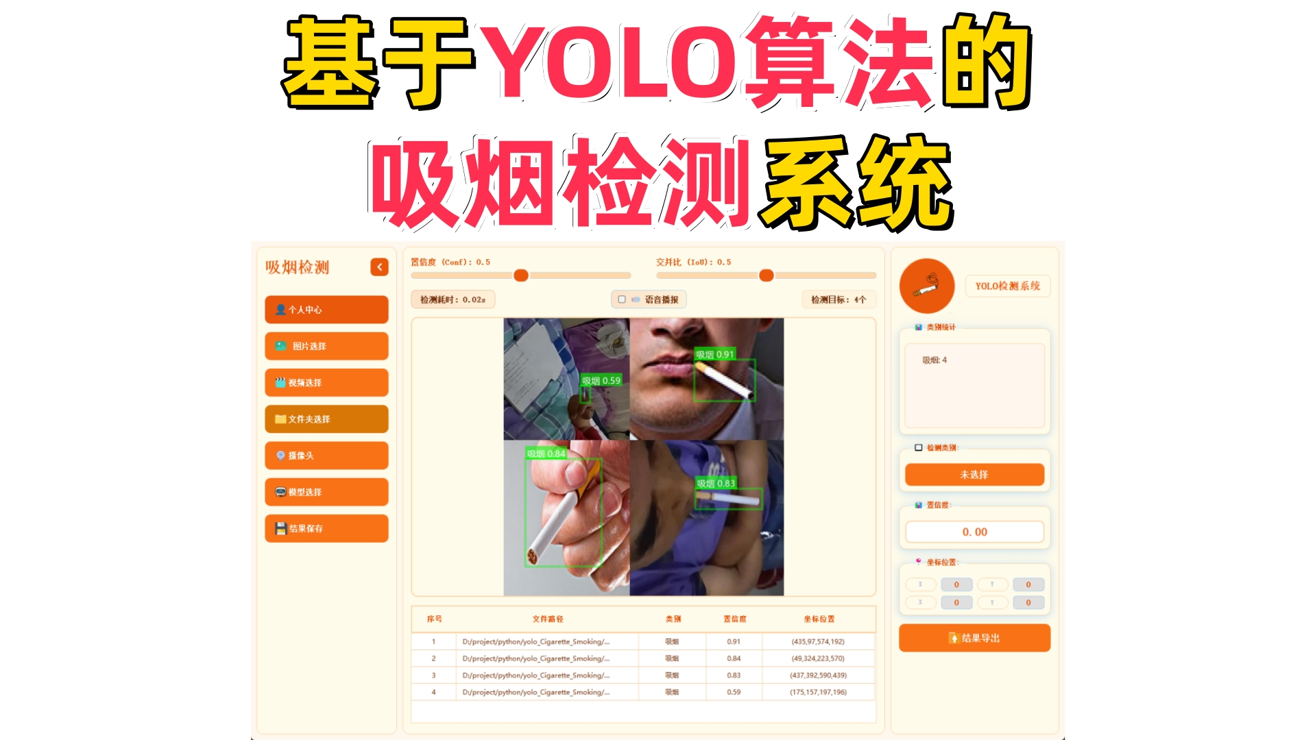 基于深度学习的吸烟检测系统演示与介绍(YOLOv12/v11/v8/v5模型+Pyqt5界面+训练代码+数据集)