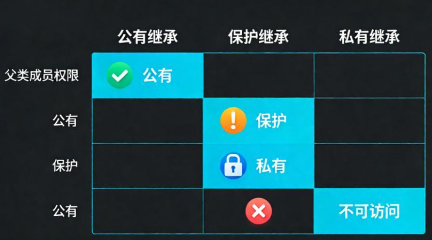 继承方式与权限对应关系图