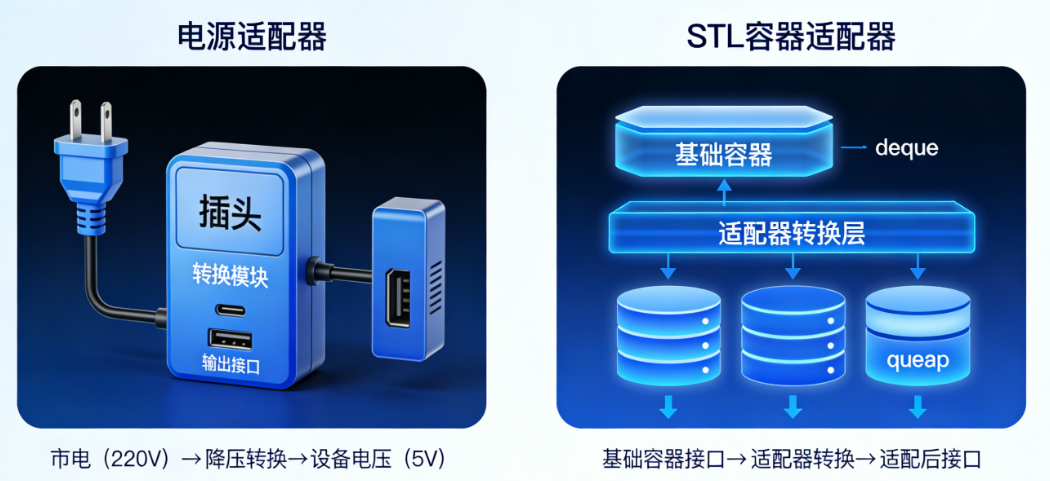 容器适配器工作原理示意图（如电源适配器类比）