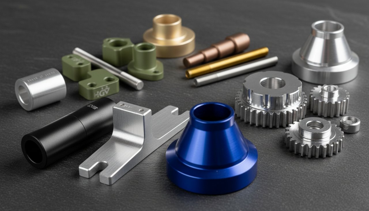 A close-up collection of diverse anodized and polished aluminum components