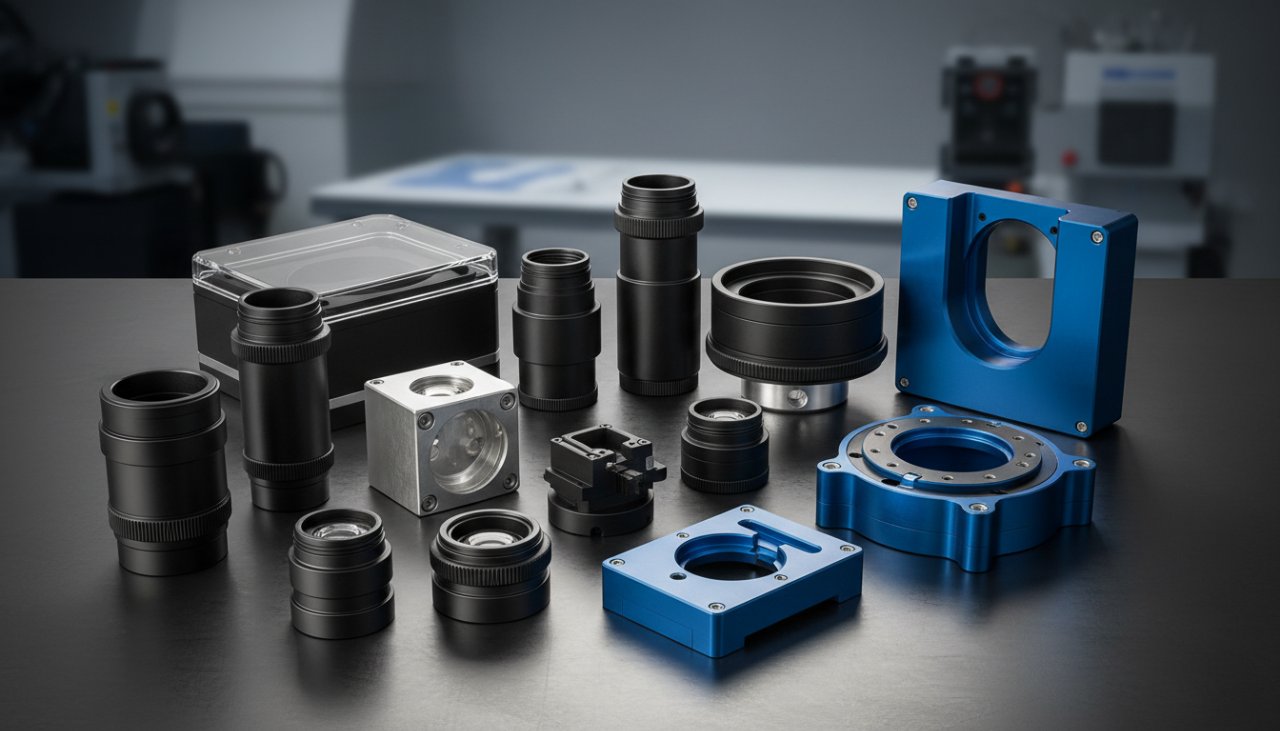 A collection of precision CNC machined parts for optical applications, featuring lens barrels, optical mounts, and custom enclosures