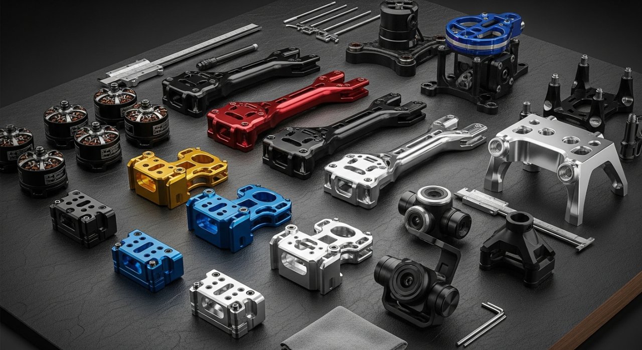 A meticulously arranged collection of high-quality, CNC machined drone components on a workbench, showcasing diverse surface treatments like anodi - 副本