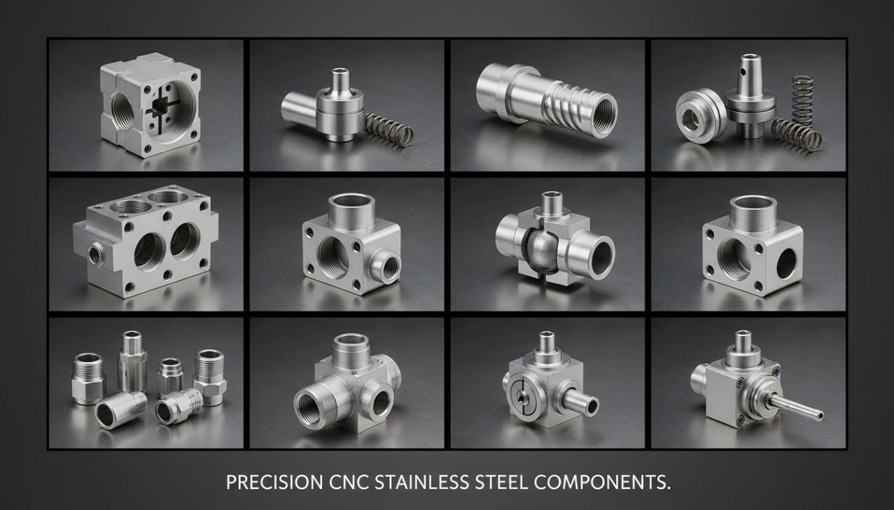 A close-up collection in an organized grid showcases multiple high-precision, CNC machined stainless steel valve bodies and related components