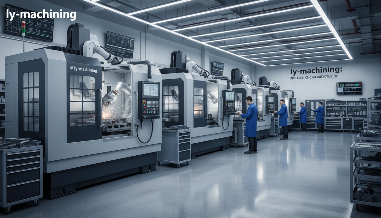 High-quality photo of ly-machining's advanced aluminum CNC machine shop floor, showcasing multiple modern 5-axis CNC machining centers in operatio