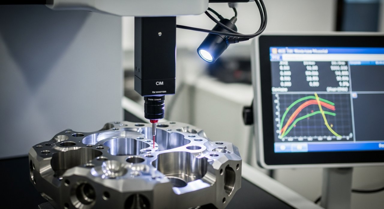 A close-up of a Coordinate Measuring Machine (CMM) precisely measuring a complex high-end CNC machined part